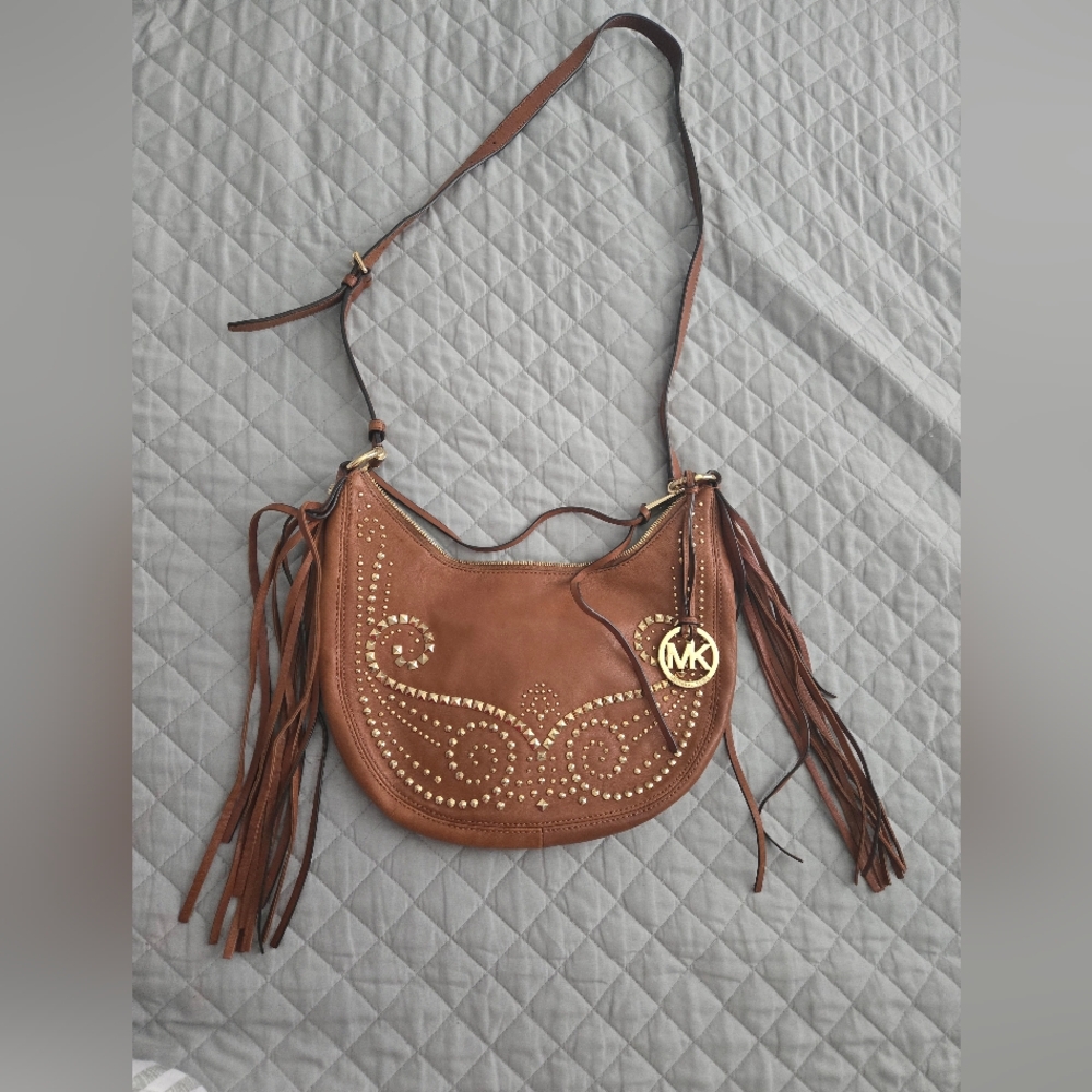Michael Kors Rhea Studded Fringe Slouchy Shoulder Bag in luggage brown leather